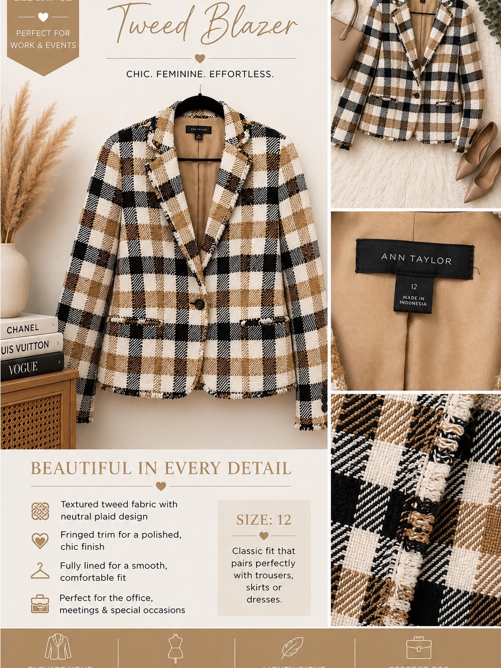Ann Taylor Tan, Black & White Plaid Tweed Blazer